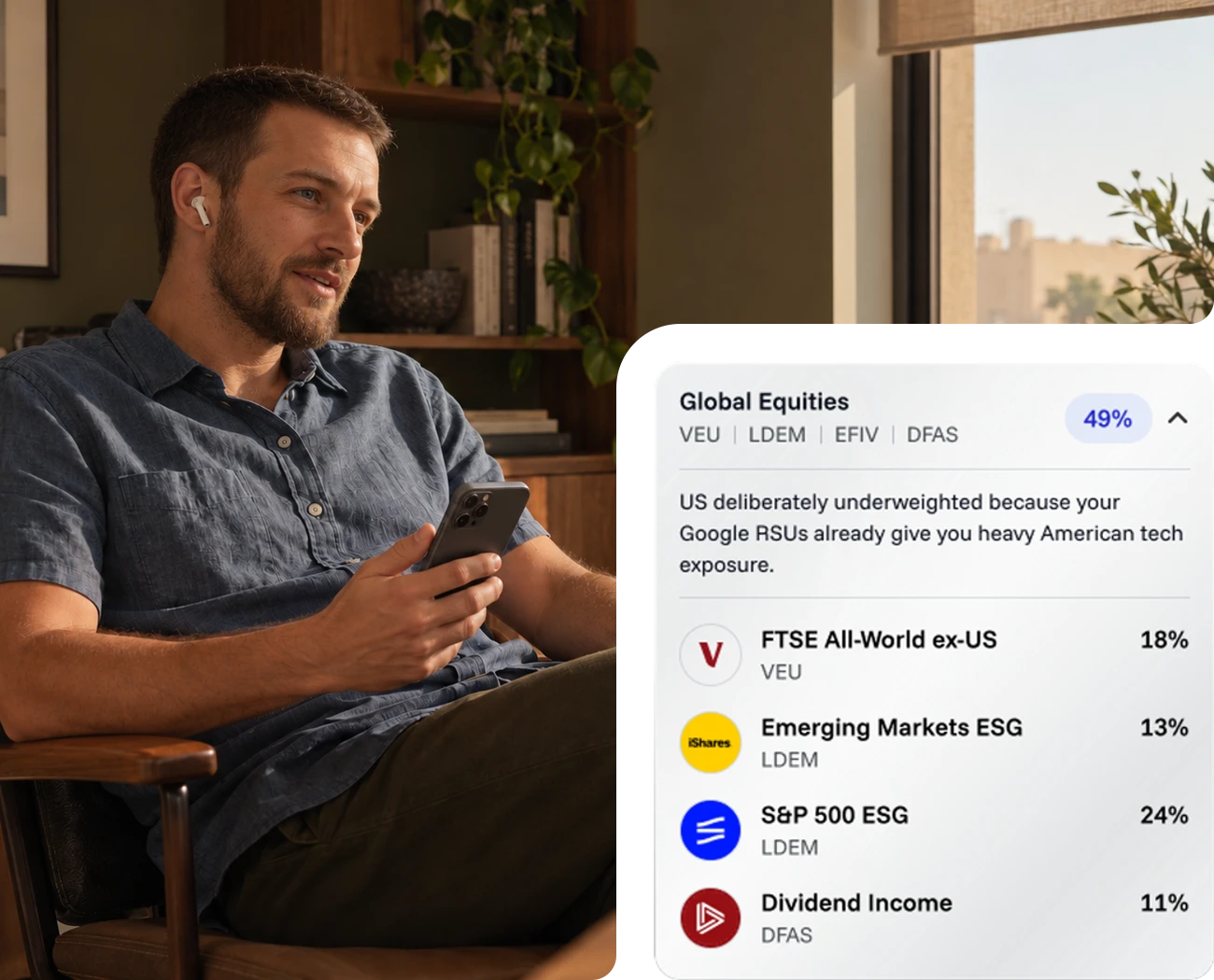 A man on his phone at home, beside the global equities in his Sora portfolio
